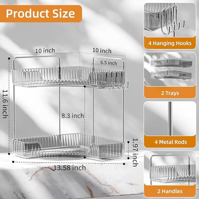 Makeup Organizer for Vanity 2 Tier Bathroom Organizers and Storage Countertop with Hooks Skin Care Exquisite Vanity Organizers Corner Bathroom Counter Storage-Cray-NeatNest