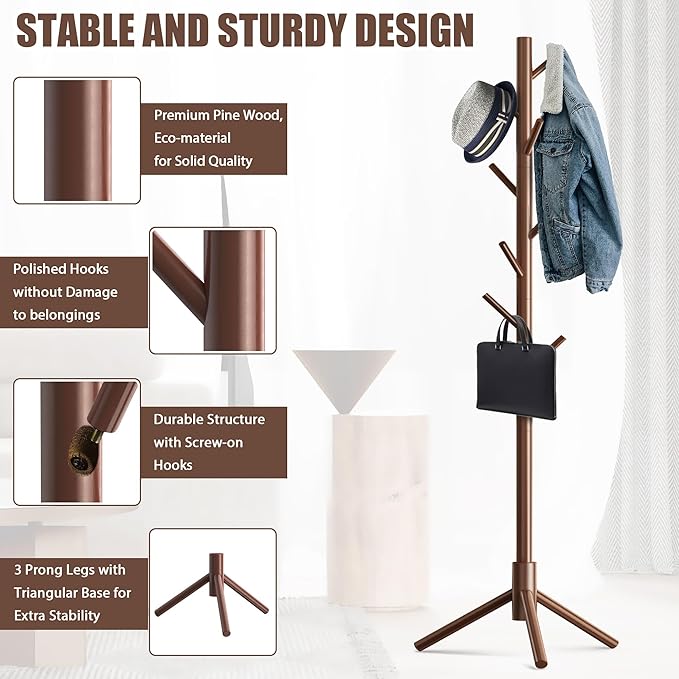 Haddockway Wooden Coat Rack Stand with 8 Hooks New Zealand Pine 3 Adjustable Coat Standing Tree Easy Assembly for Coats, Hats, Scarves and Handbags for Entryway, Hallway, Bedroom, Office-NeatNest