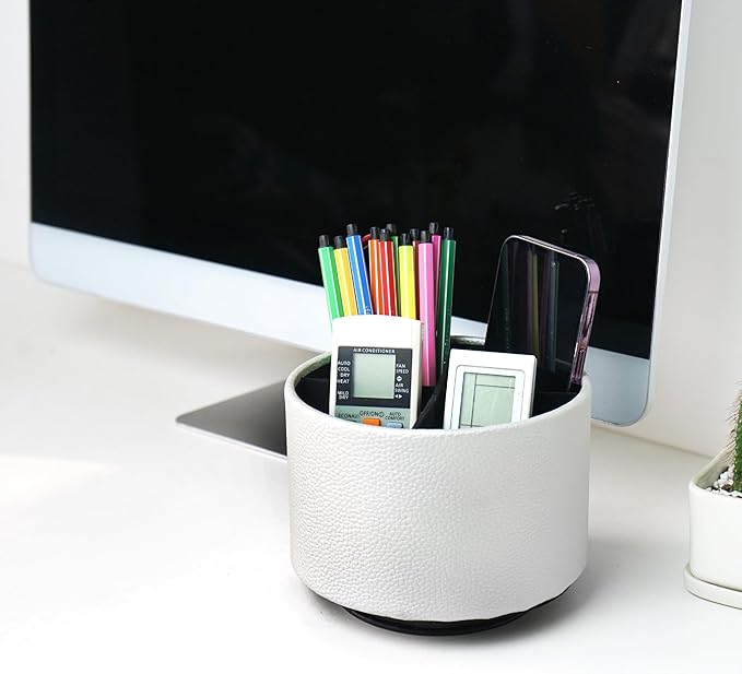 Hennaja Round Leather Art Supply Organizer,Remote Control Holder,360 Degree Spinning,Multi-Functional Pencil Holder,4 Compartments Desktop Stationary Organizer(1-Lichee Silver)-NeatNest
