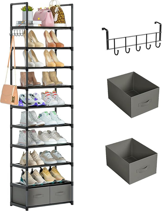 Tall Shoe Rack Narrow 10 Tier Shoes Rack 20 25 Pairs, Shoe Storage Organizer for Closet, Sturdy Metal Shoe Shelf Shoe Stand with 2 Boxes 1 Hook-NeatNest