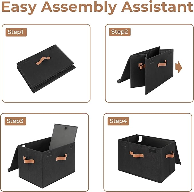 GRANNY SAYS Black Storage Bins with Lids, Decorative Storage Boxes with PU Handles, Linen Closet Organizer, Storage Baskets for Shelves, Fabric Storage Bins for Clothes, Extra Large-NeatNest