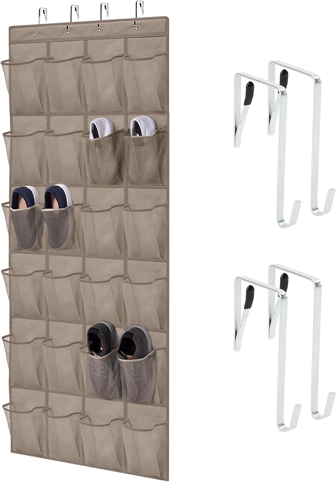 HOME GENIE Over the Door Hanging Shoe Organizer, 24 Breathable Mesh Pockets, Closet Rack Storage Holder, Stay in Place Hooks Hang on Closets, Hanger Holds Up to 40 lbs for Shoes, Accessories, Beige-NeatNest
