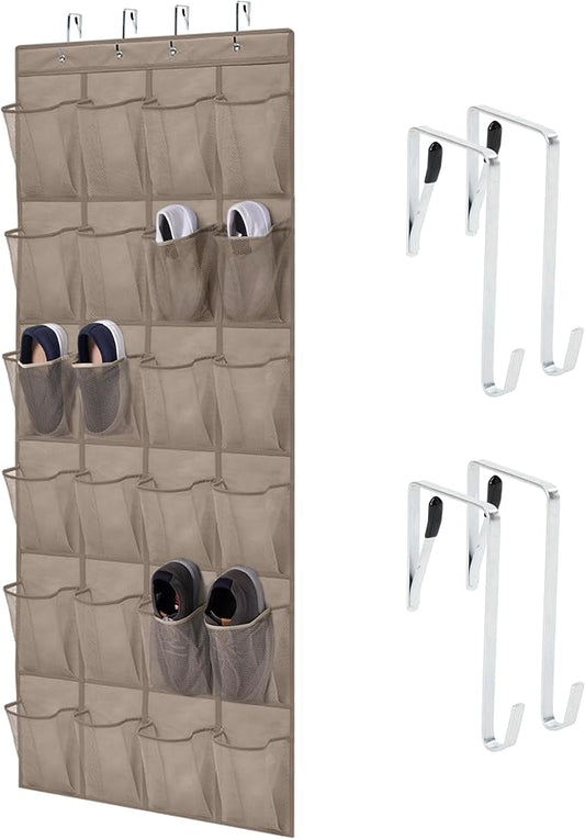 HOME GENIE Over the Door Hanging Shoe Organizer, 24 Breathable Mesh Pockets, Closet Rack Storage Holder, Stay in Place Hooks Hang on Closets, Hanger Holds Up to 40 lbs for Shoes, Accessories, Beige-NeatNest