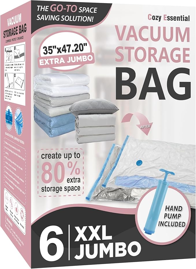6 Pack XXL Jumbo Vacuum Storage Bags, Extra Large Vacuum Seal Bags for Comforters, Bedding, Blanket Storage, Giant Space Saver Bags for Huge Stuffed Toy (47.2x35 in)-NeatNest