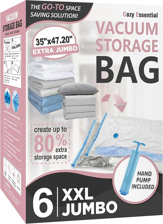 6 Pack XXL Jumbo Vacuum Storage Bags, Extra Large Vacuum Seal Bags for Comforters, Bedding, Blanket Storage, Giant Space Saver Bags for Huge Stuffed Toy (47.2x35 in)-NeatNest
