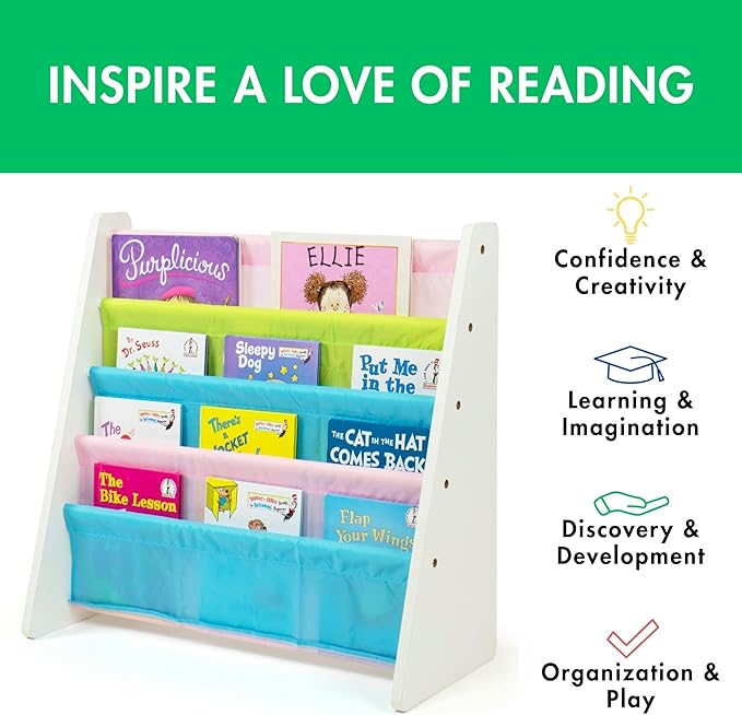 Humble Crew 4-Tier Kids Bookshelf, White Wood/Pastels - Premium Book Shelf for Kids Rooms with Four Deep Pockets - Toddler Sling Book Rack with Deep Sleeves, Nursery Bookcase Organizer