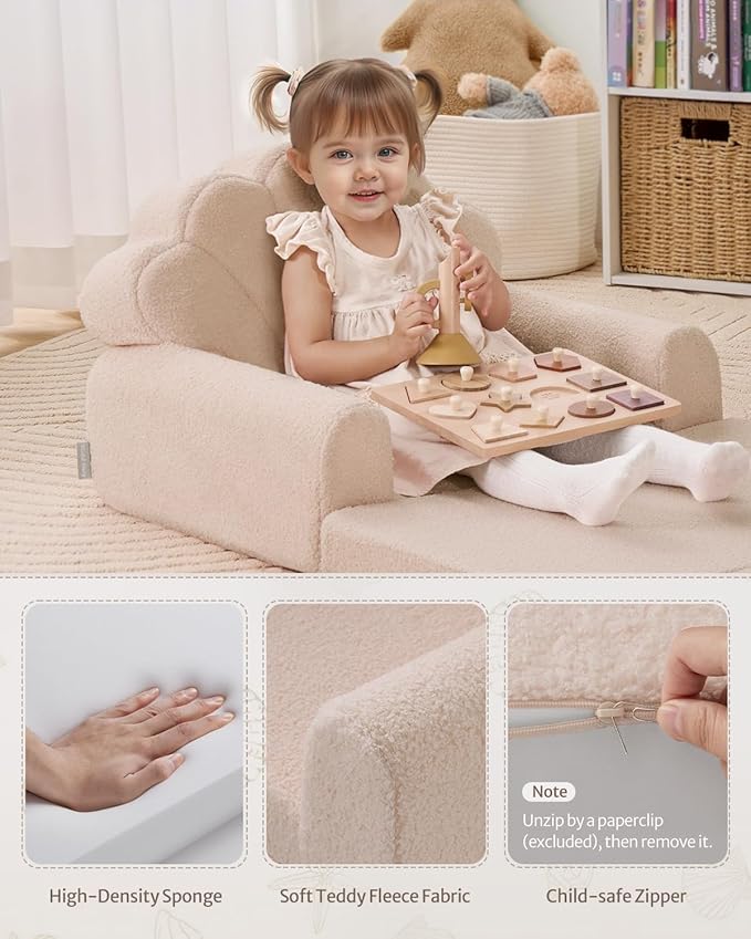 Blissful Diary Kids Couch, 2-in-1 Soft Toddler Couch Fold Out, Toddler Chair Comfy, Convertible Sofa to Lounger, Kids Furniture for Playroom, Gift for Birthday, Children's Day, Beige Shell-NeatNest