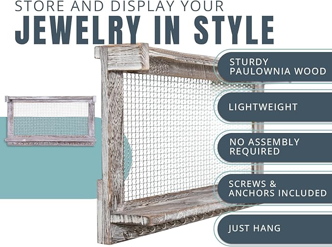 Comfify Rustic Jewelry Organizer – Wall Mounted Jewelry Holder w/Removable Bracelet Rod, Shelf & 16 Hooks – Perfect Earrings, Necklaces & Bracelets Holder – Rustic White-NeatNest