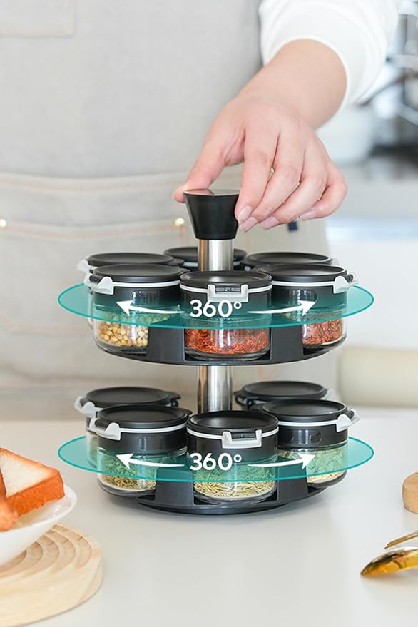 360 rotating 2 tier 12 jars spice rack (12 spice jars) Revolving Seasoning Organizer. Spinning Spice Rack for Counter top and Cabinet-NeatNest