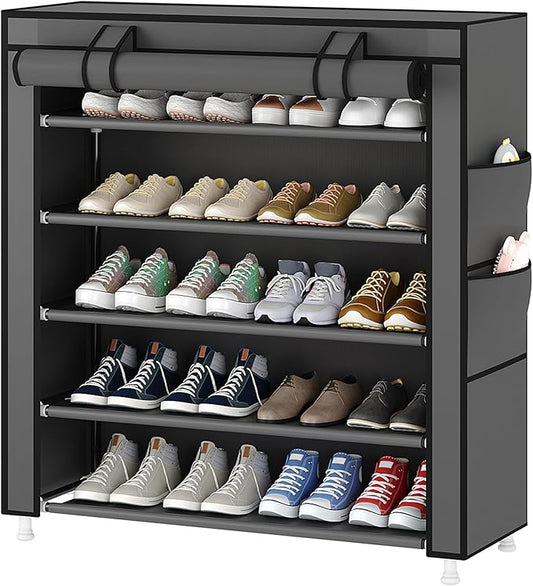 Laiensia 5-Tier Vertical Shoe Rack Organizer, Space Saving Shoe Storage Organizer, Non-Woven Cover Shoe Shelf Holds 20-25 Pairs for Bedroom, Hallway, Closet Entryway, Grey-NeatNest