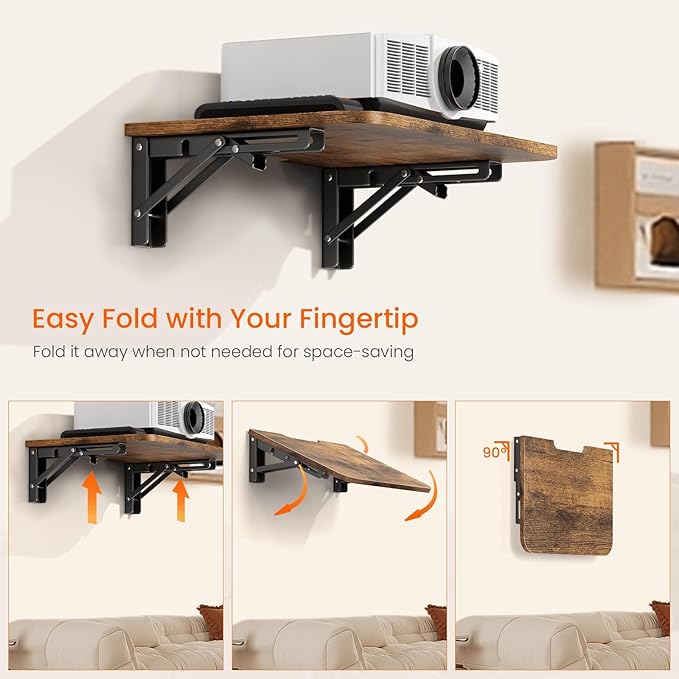 Homode Projector Shelf for Wall, Foldable Floating TV Shelf, Wall Mount DVD Shelf with Heavy-Duty Brackets Under TV for Cable Box, Games Console, 16.5 x 11 Inches, Rustic Brown