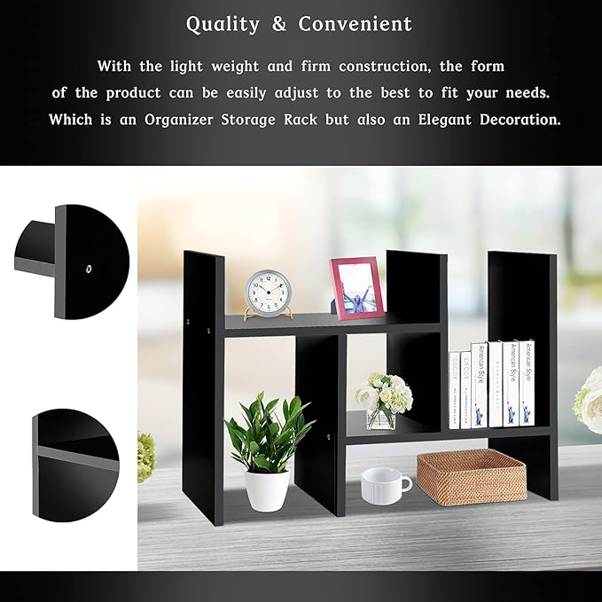J.M.Deco Desktop Organizers and Storage for Office, Adjustable Desktop Organizer Shelf Double H Display, True Natural Stand Shelf, Black-NeatNest