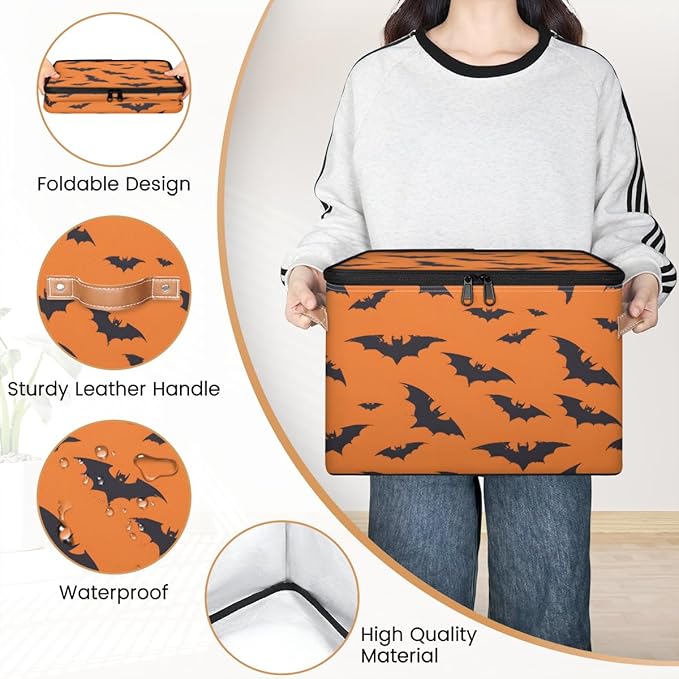Halloween Bat Storage Bins with Lids, Black Orange Fabric Storage Boxes with Zipper, Collapsible Decorative Closet Organizer Cube for Clothes,Organizing, Shelves-NeatNest