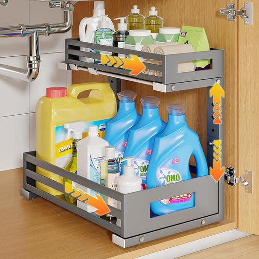 1-Pack Under Sink Organizers and Storage,2-Tier L Shape Pull Out Cabinet Organizer With Round Tube Slide Rails,Hight Adjustable Slide Out Drawers for Kitchen&Bathroom,Multi-Purpose Storage Shelf-Gray-NeatNest