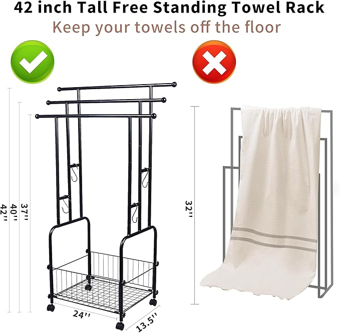 42" Tall Bathroom Towel Rack, Standing Towel Racks, 3 Tier Towel Holder with Storage Basket & 4 Hooks, Indoor Outdoor Freestanding Towel Racks with Anti-Skid Wheels, Pool Towel Blanket Stand