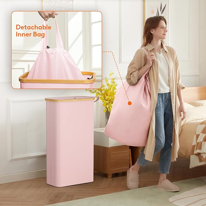 Lifewit 65L Slim Laundry Hamper with Lid, Narrow Laundry Basket with Removable Bag & Bamboo Handles, Fodable Thin Dirty Clothes Hamper for Laundry Collapsible Bin for Bathroom Bedroom Dorm, Pink-NeatNest