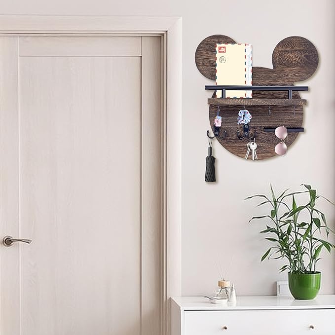 AIRPOP Disn Key Holder for Wall–Mouse Wooden Mail Organizer Wall Mount with Shelf and 6 Hooks, Easy Installation Key Rack Hanger for Entryway Living Room Home Decor (Brown)