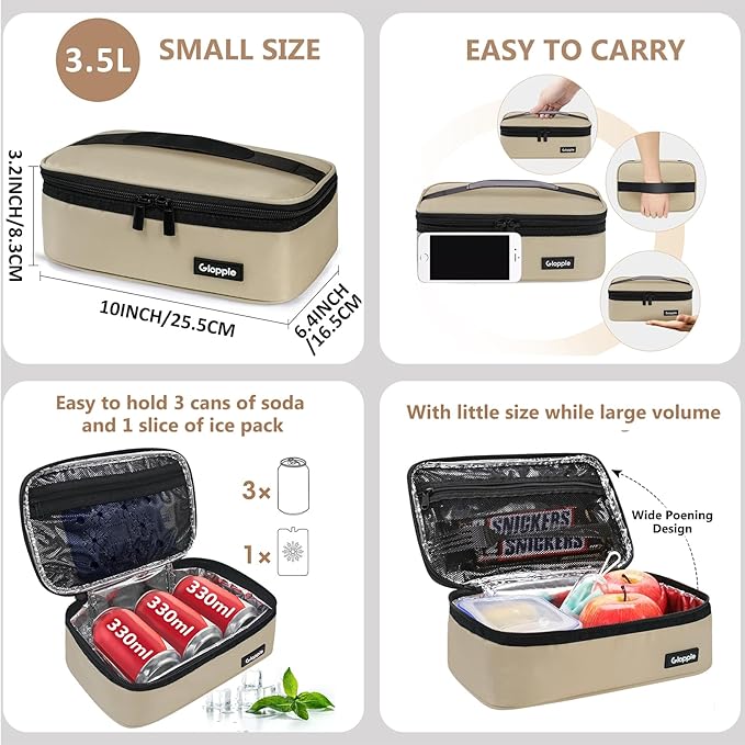 Gloppie Small Lunch Bag - Insulated Lunch Box, Mini Lunchbox Lunch Cooler Bag, Petty Food Containers, Snack Bag, for Adult, Khaki-NeatNest
