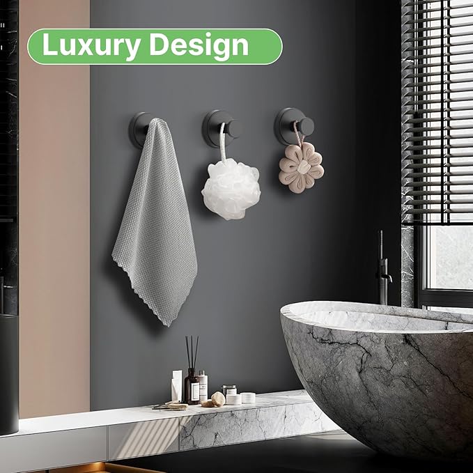 Black Waterproof Suction Cup Hooks, 2-Pack Heavy Duty Stainless Steel No Drill Shower Hooks for Hanging Towels, Robes, Loofahs, Holder Holds Strong on Tile, Glass, Mirror, Wall, Bathroom Door-NeatNest