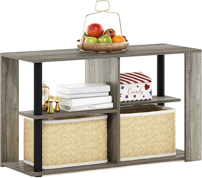 Furinno Romain Narrow End Table with Shelves, French Oak/Black-NeatNest