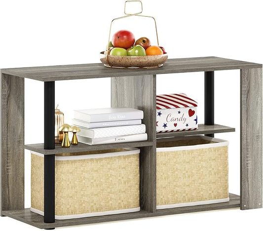 Furinno Romain Narrow End Table with Shelves, French Oak/Black-NeatNest