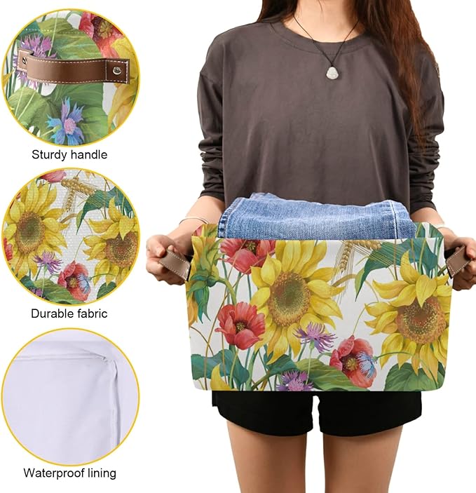 Floral Flower Sunflower Poppy Storage Bin Canvas Toys Storage Basket Bin Large Storage Cube Box Collapsible with Handles for Home Office Bedroom Closet Shelves,1 pc-NeatNest