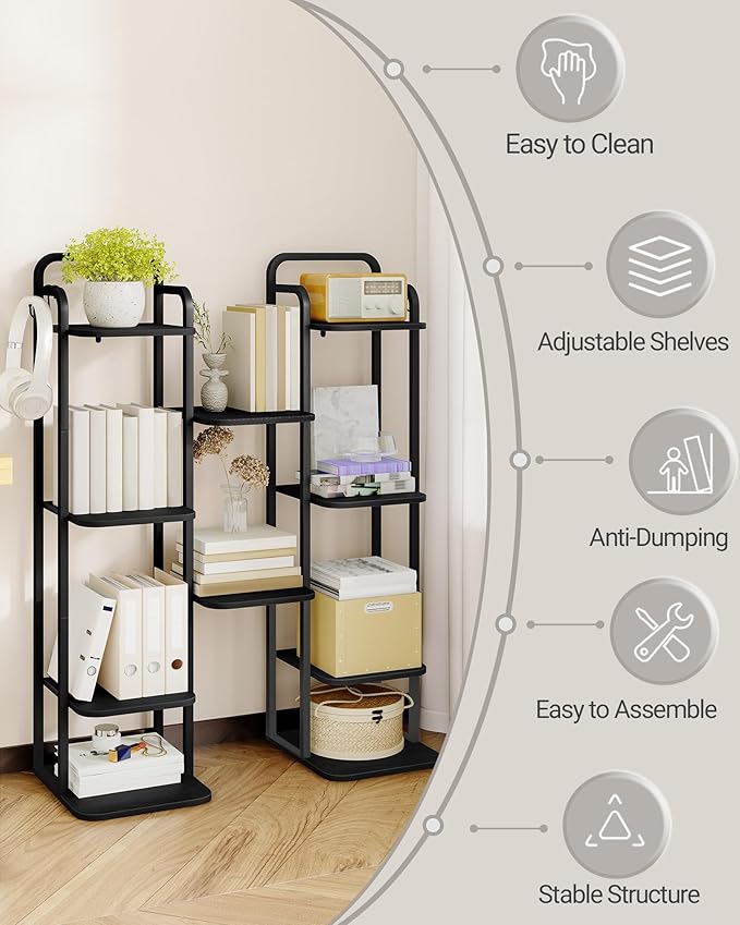 Vertical Shoe Rack, Shoe Shelves, Wood Shoe Organizer for Closet, Entryway, Shoe Tower for Small Spaces, Free Standing, Adjustable, with 2 Hooks, 6 Tier Black SR04204B-NeatNest
