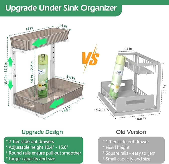 ADRIMER Under Sink Organizer 2 Packs, Pull Out Kitchen Sink Organizer, 2 Tier Slide Out Kitchen Organizers and Storage Bathroom Under Cabinet Storage Shelf, Grey & White-NeatNest