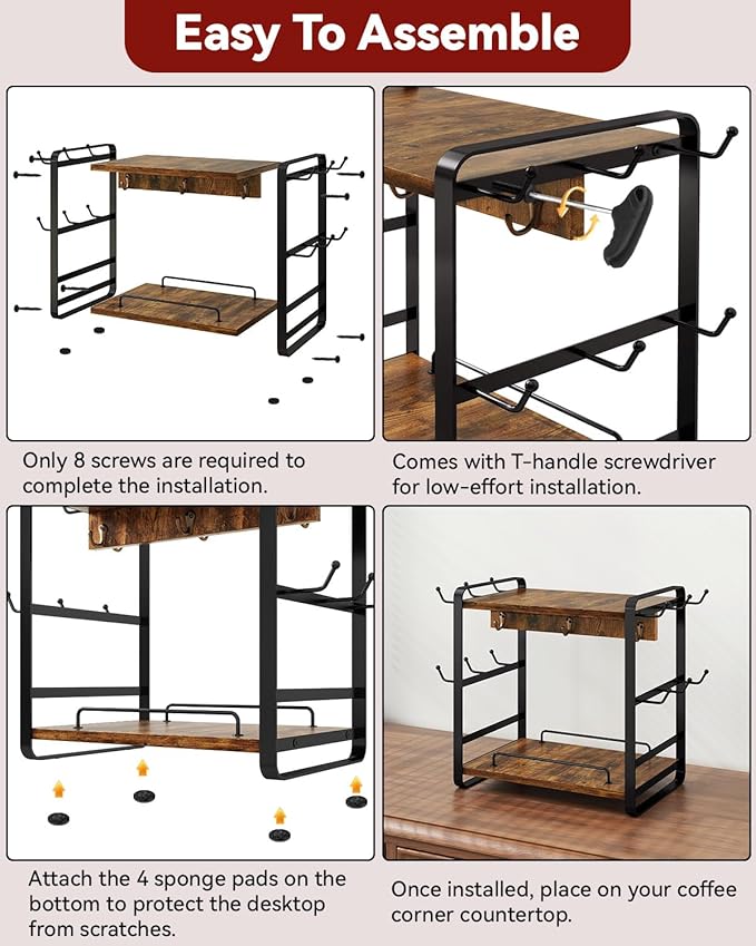 IBUYKE Coffee Bar Station Countertop Organizer,2 Tier Kitchen Mug Cup Holder Stand,Wooden Coffee Mug Organizer with 18 Hooks,Multifunctional Mug Tree for Home Kitchen, Office,Vintage Brown UTBJ006H-NeatNest
