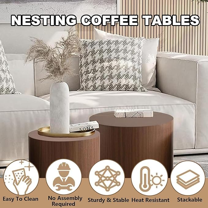 Round Nesting Coffee Table Set of 2 Modern Wooden Drum Coffee and End Table Sets Rustic Small Side Tables Circle Accent Center Tables for Living Room Apartment,No Assembly,Dark Wood