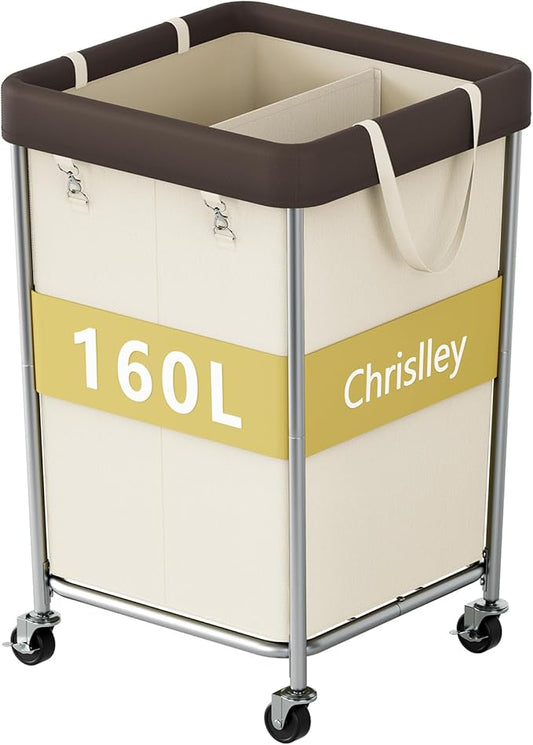 Chrislley 160L Laundry Hamper with Wheels, 2 Section Large Laundry Basket with Removable Bag, Steel Frame Dirty Clothes Hamper, Rolling Laundry Cart for Bedroom, Bathroom, Dorm, Hotel, Beige