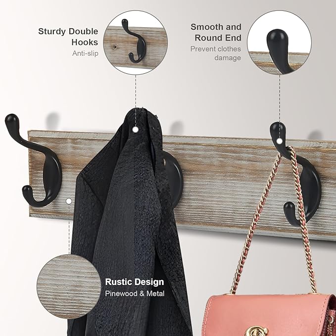Coat Rack Wall Mounted, Entryway Wall Coat Rack with 4 Rustic Coat Hooks, 17” Vintage Pinewood Hanger Hat, Dual Hook for Hanging Keys Hats, Perfect for Entryway, Bathroom, Living Room