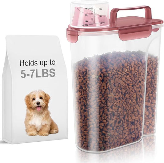 5-7Lbs Dog Cat Food Storage Container with Upgraded Large Nozzle BPA-free, 4 Snap Seals Plastic Pet Food Storage Containers with Handles (1, Clear Pink, 5L)-NeatNest