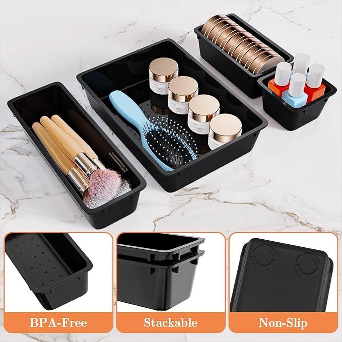 25 PCS Plastic Drawer Organizer Set, 4-Size Versatile Organizer Trays & storage Bins for Makeup, Jewelry, and Gadgets in Bathroom, Bedroom and Office, Black-NeatNest