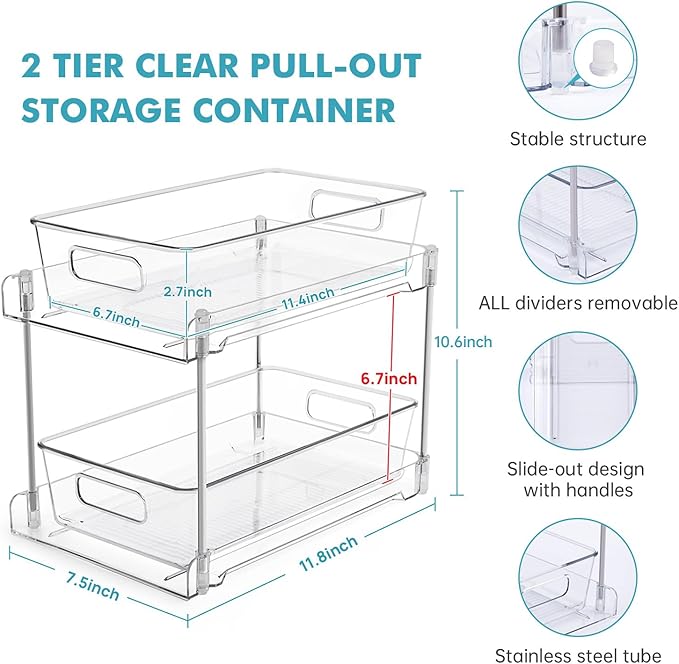 2 Pack Clear Bathroom Organizers and Storage, 2 Tier Pull Out Under Sink Cabinet Organizer Plastic Drawer Organization and Storage for Bathroom and Kitchen-NeatNest