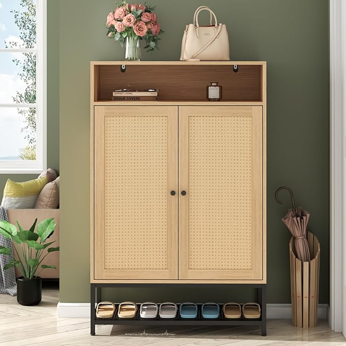 Rattan Shoe Organizer with Doors, Shoe Storage Cabinet with Adjustable Shelves for Entryway, 7-Tier Entryway Shoe Rack Storage for Hallway, Closet, Living Room-NeatNest