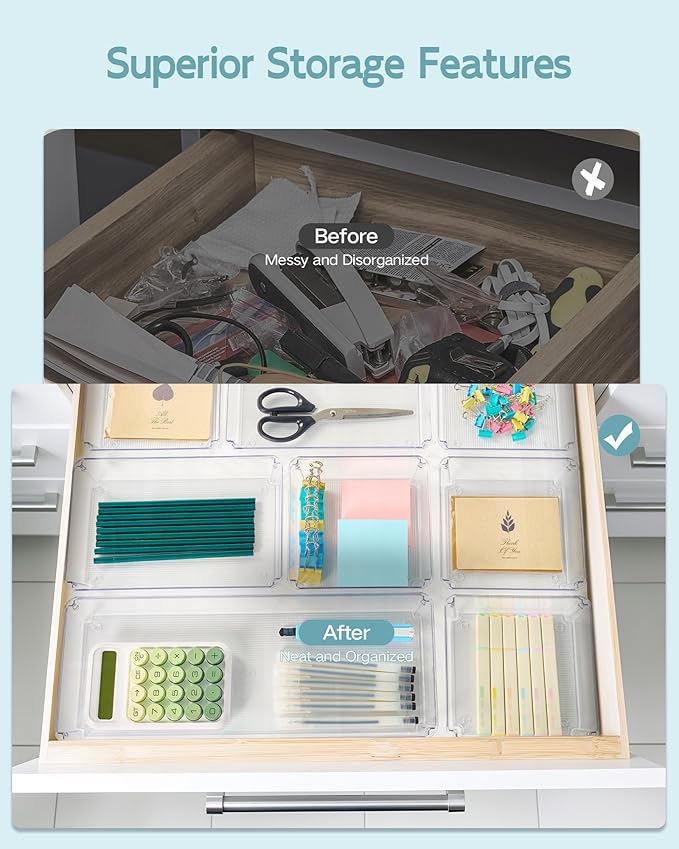 9 Pack Large Clear Plastic Drawer Organizer Trays, Desk Drawer Organizers and Storage Dividers, Non-Slip Storage Bins for Jewelry, Snacks, Office, Bathroom, Bedroom and Kitchen-NeatNest