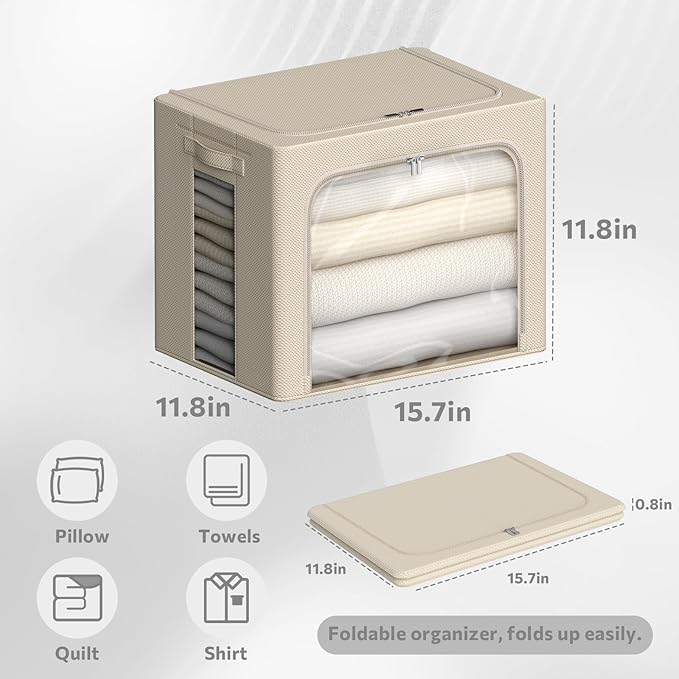 4 Pack Clothes Storage Bins - Oxford Fabric Metal Frame Storage Box - Foldable Stackable Container Organizer Set with Clear Window & Carry Handles & Zippers (Beige, 15.7"x11.8"x11.8")-NeatNest