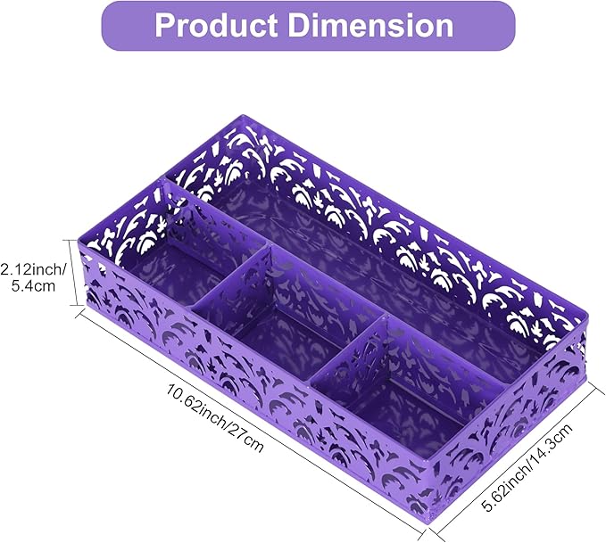 EasyPAG Desk Drawer Organizer with 4 Compartments, Carved Hollow Floral Metal Tray for Office, Jewelry, Cosmetics - No Assembly, Purple-NeatNest