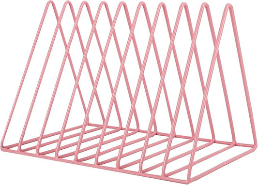 EASEPRES Vinyl Record Holder Storage, 9 Slot Metal Magazine Book Album Display Rack, Stylish Triangle Desktop File Sorter Organizer for Home Office, Pink