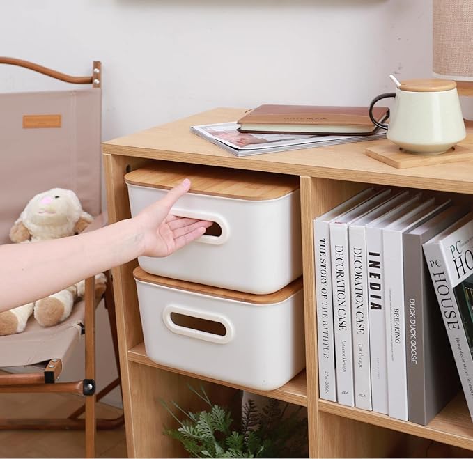 Citylife 2 PCS Storage Bins with Bamboo Lids Plastic Storage Containers for Organizing Stackable Storage Box with Handle, 15.12 x 10.67 x 5.98 inch-NeatNest