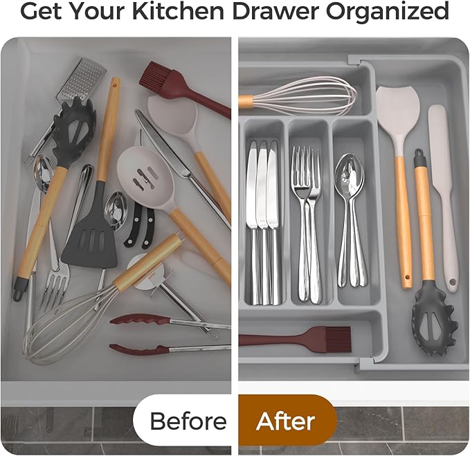 Extra Large Expandable Silverware Organizer, BPA-Free Food-Safe Cutlery Flatware Organizer, Kitchen Utensil Drawer Organizer, Adjustable Silverware Holder for Spoons Forks Knives, Gray-NeatNest