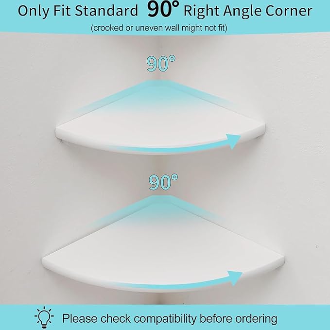 Corner Shelves, Floating Corner Shelf, Set of 2 White Solid Oak Wood Wall Shelves, Round End Wall Mount with Wire Hole Shelving for Small Plant for Bedroom Kitchen, Living Room 8.7"-NeatNest