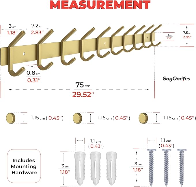 Brushed Gold Wall Mounted Coat Rack – 30 Inch Stainless Steel Rail with 10 Double Coat Hooks for Entryway, Bathroom, Bedroom, Kitchen – Modern Gold Hook Rack for Coats, Hats, Towels-NeatNest