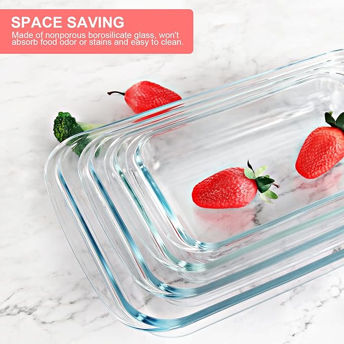 8 Pieces Glass Baking Dish with Lids Rectangular Glass Baking Pan Bakeware Set with BPA Free Lids, Baking Pans for Lasagna, Leftovers, Cooking, Kitchen, Fridge-to-Oven, Red