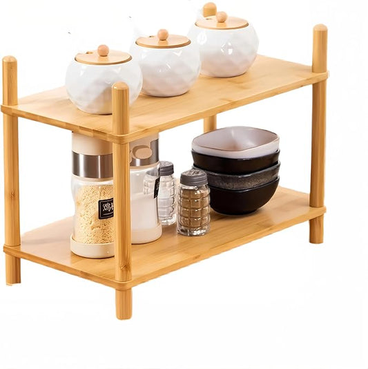 Bamboo Rack | Tool-Free Expandable (2-6 Tiers) | Kitchen Spice Organizer & Office Breakroom Snack/Cup Storage (Natural Bamboo)(Powered by Gogogo) (Natural, 15.6" W(2 Tier))-NeatNest