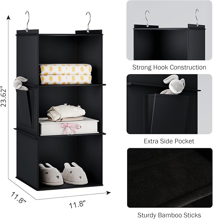 Hanging Closet Organizer, 3-Shelf Closet Hanging Storage Shelves, Black-NeatNest