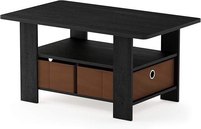 Furinno Andrey Coffee Table with Bin Drawer, Americano/Medium Brown, Small Non-Lift Top-NeatNest