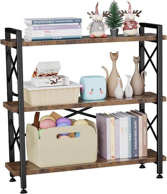 3 Tier Bookshelf 35.43" Width, Rustic Open 3 Shelf Short Bookcase with Metal Frame, Industrial Book Shelf for Home Office Bedroom Living Room (Rustic Brown)