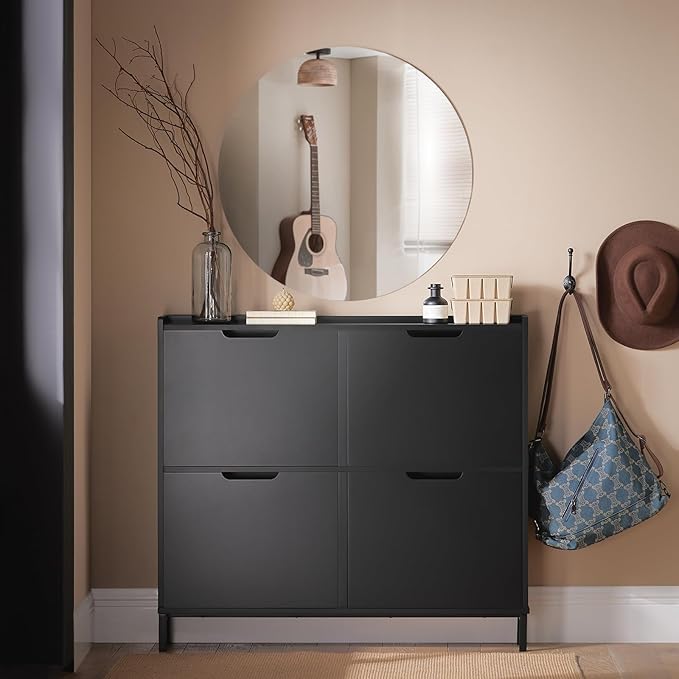 Haotian Black Shoe Cabinet with 4 Flip-Drawers, Narrow Freestanding Shoe Rack, Slim Shoe Organiazer Entryway, FSR100-W, 7.5" D x 39.4" W x 35.6" H
